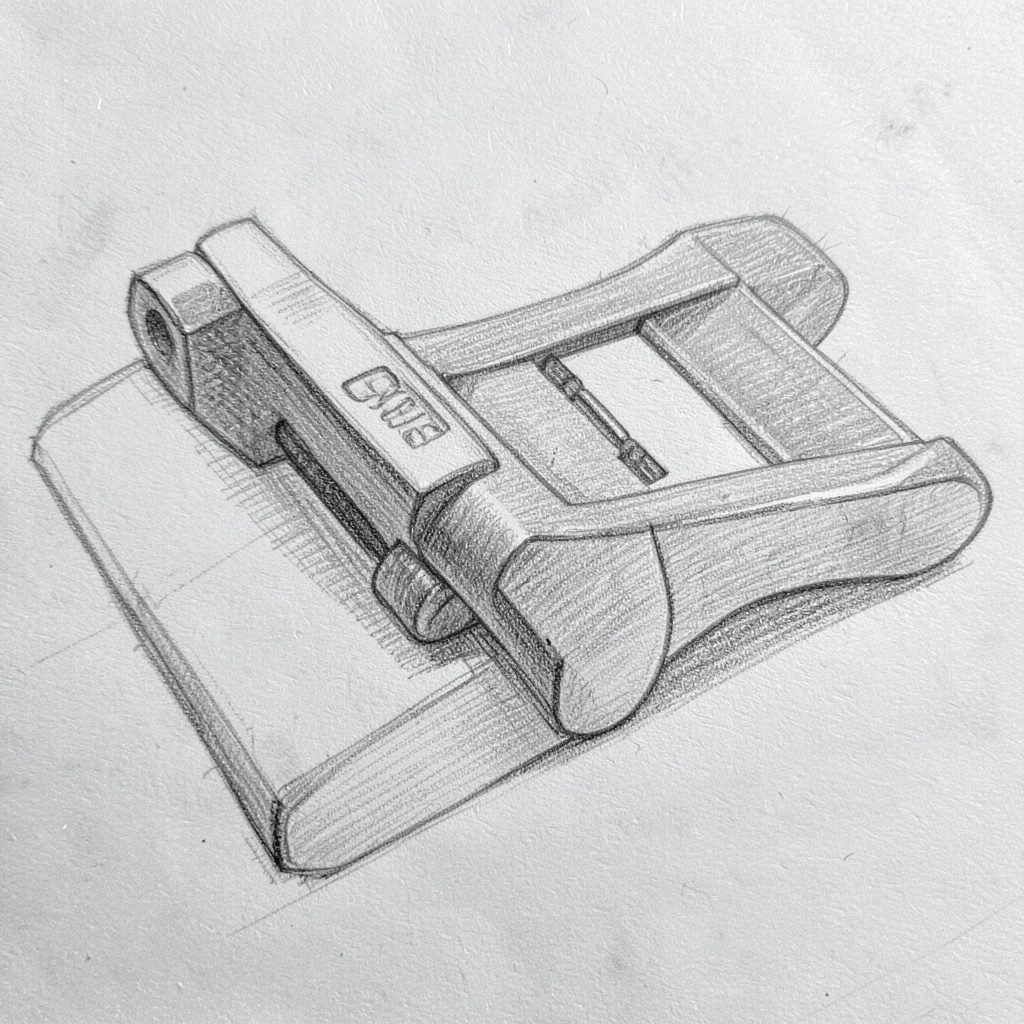 A pencil sketch of a streamlined touring caravan, drawn in light grey tones with minimal background detail.
