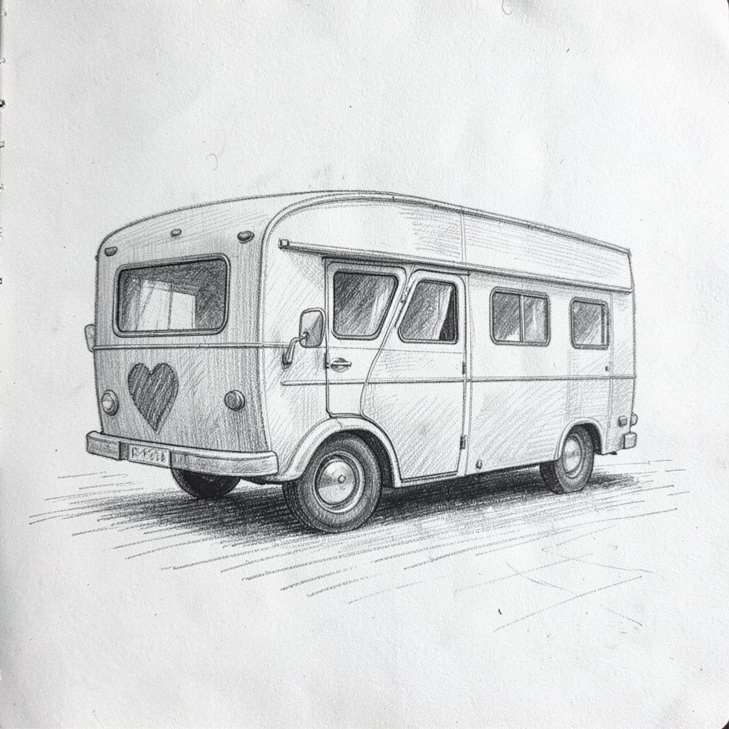 Graphite pencil sketch of a touring caravan shown in soft grey tones, parked on an open plain at dusk with a calm, neutral mood.