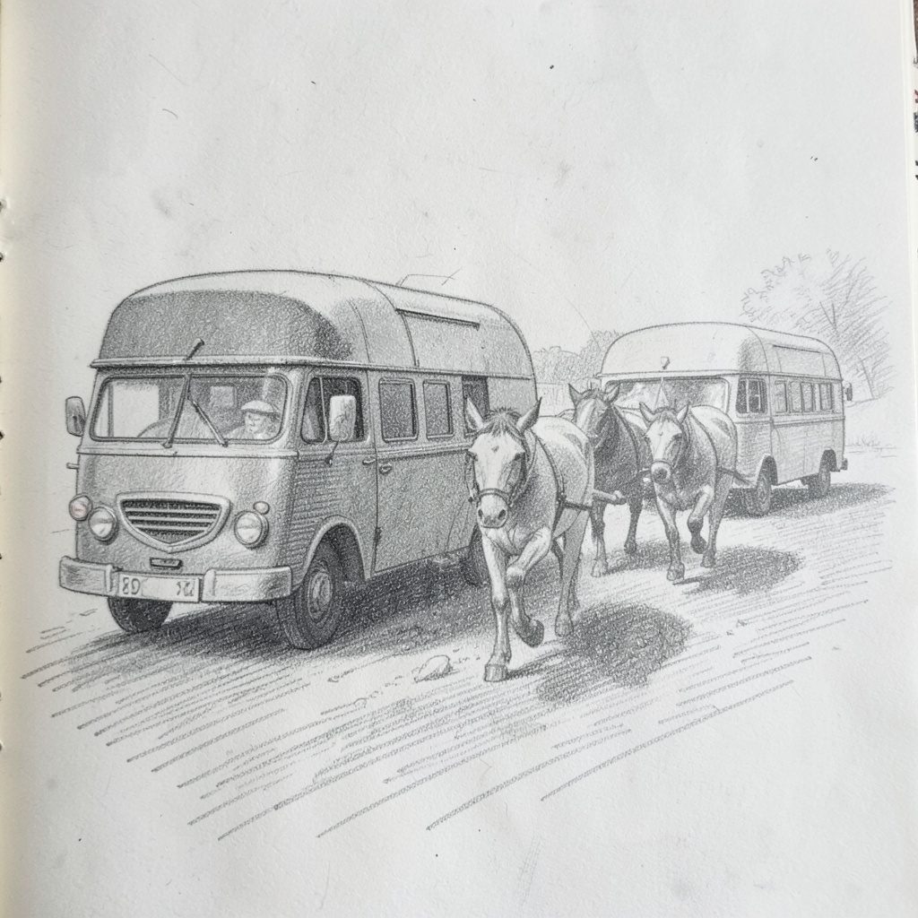 Soft graphite pencil sketch of a caravan transport lorry travelling along a coastal road, muted greys and pale blues suggesting movement toward distant shore