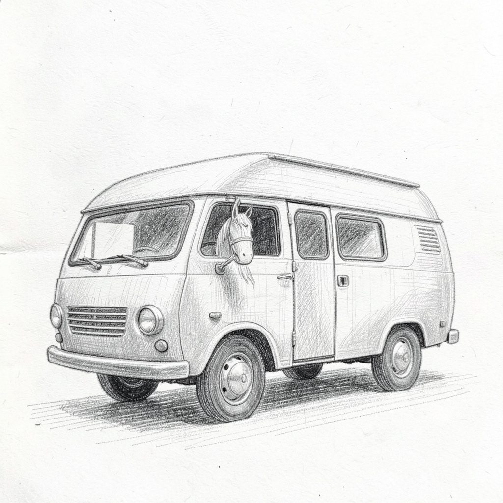 Graphite pencil sketch of a caravan on an open road, soft grey clouds and muted teal horizon, hand-drawn and atmospheric.