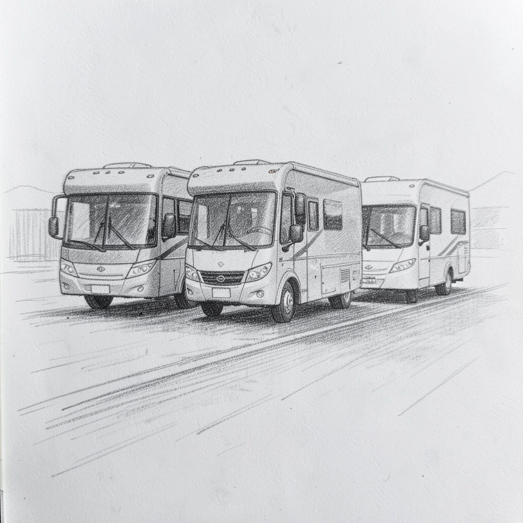 Soft graphite pencil sketch of motorhomes on an open coastal road at dawn, pale grey sky and muted earth tones, calm and professional mood