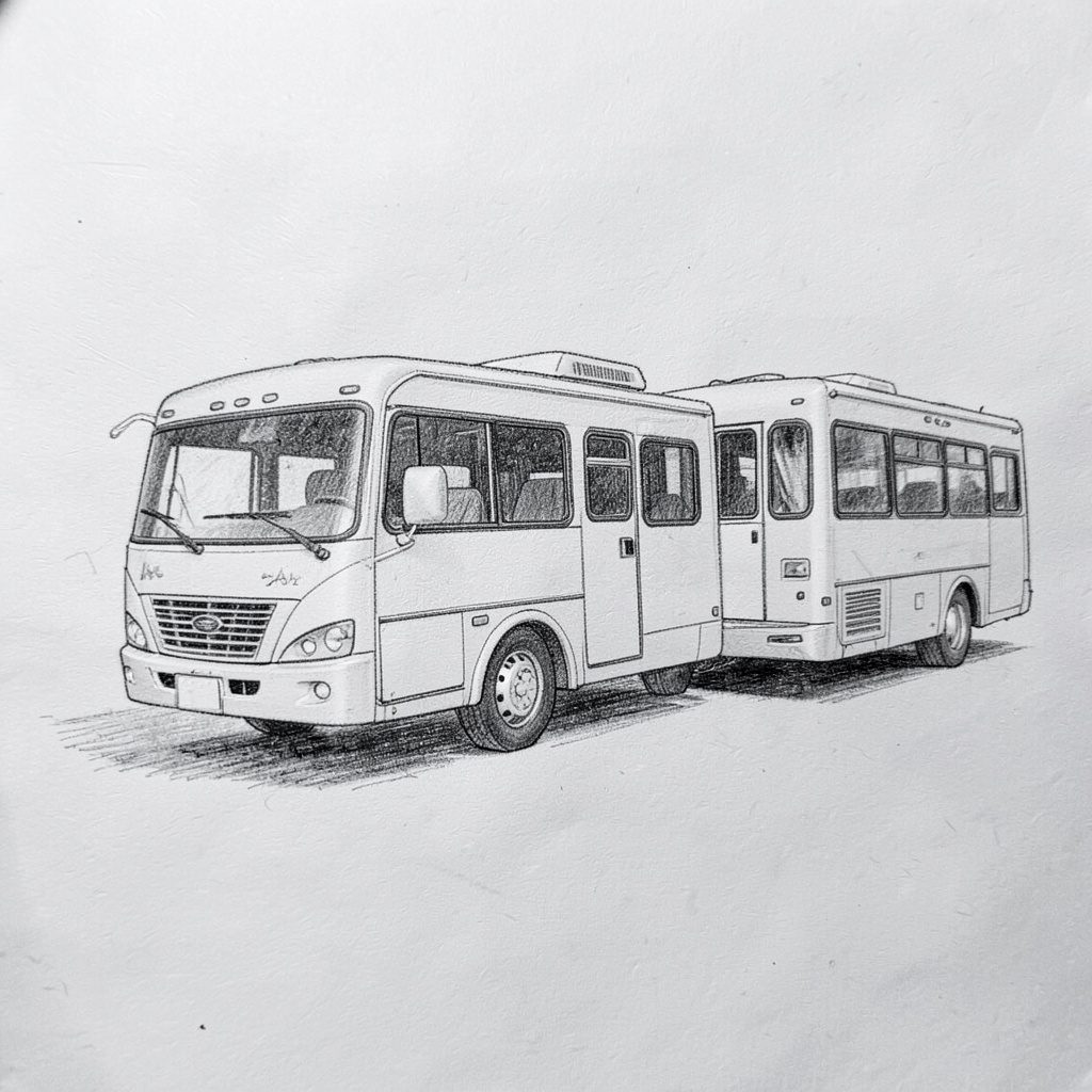 A graphite pencil sketch of a motorhome travelling along an open coastal road, rendered in soft grey tones with a calm, journeying mood